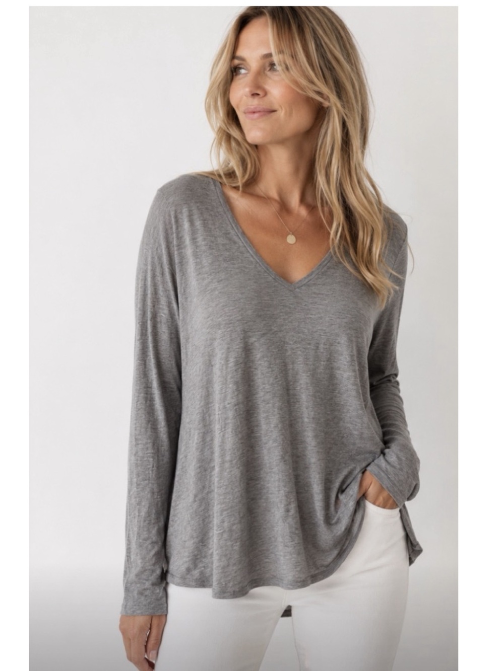 Lafayette 148 New York V-Neck Long Sleeve Top in Gray Size Large Minimalist - Picture 7 of 13